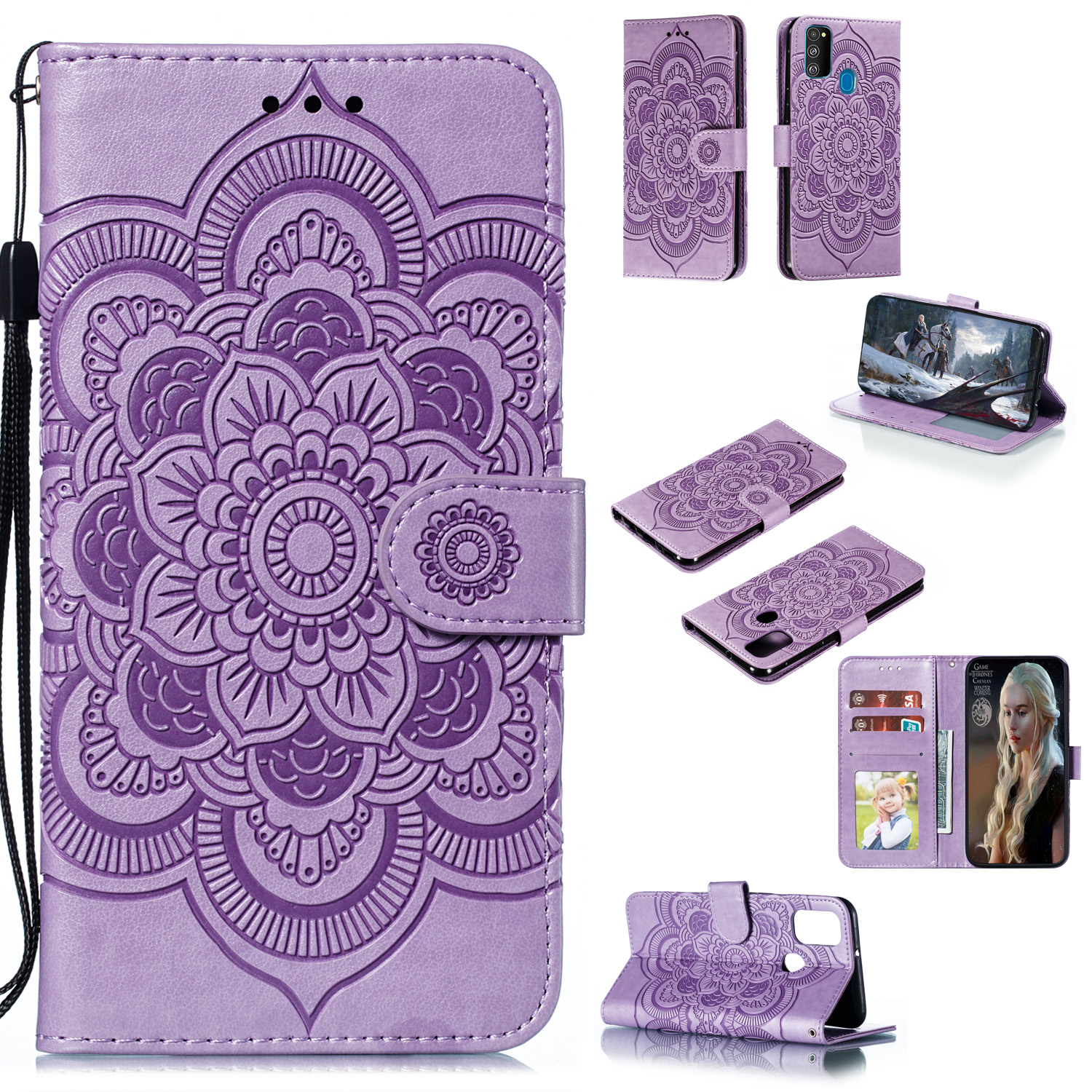 

Imprint Mandala Flower Leather Wallet Stand Case for Samsung Galaxy M30s / M21 - Purple, Galaxy M30s