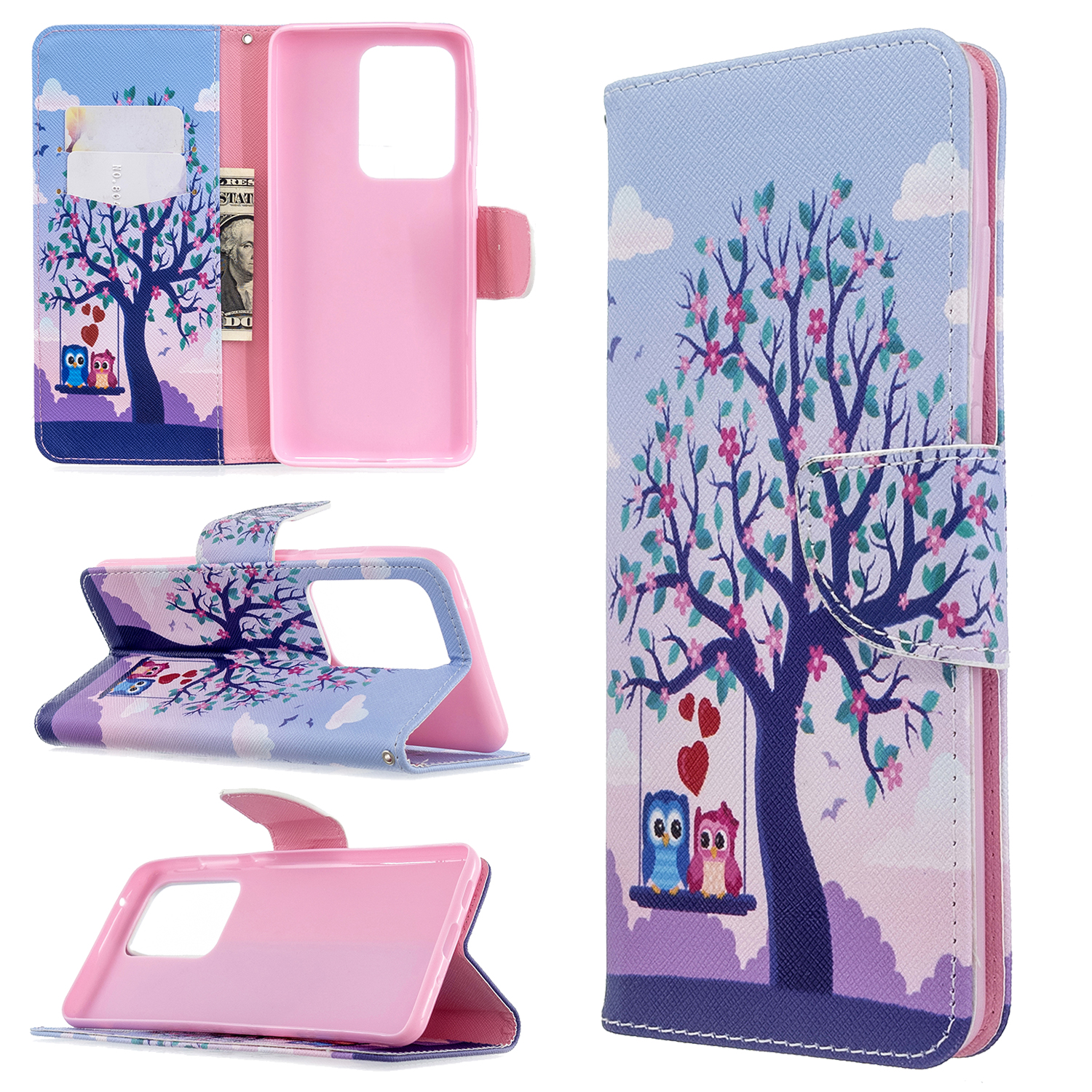 

Pattern Printing Wallet Stand Flip Leather Case for Samsung Galaxy S20 Ultra - Couple Owls and Tree, Galaxy S20 Ultra