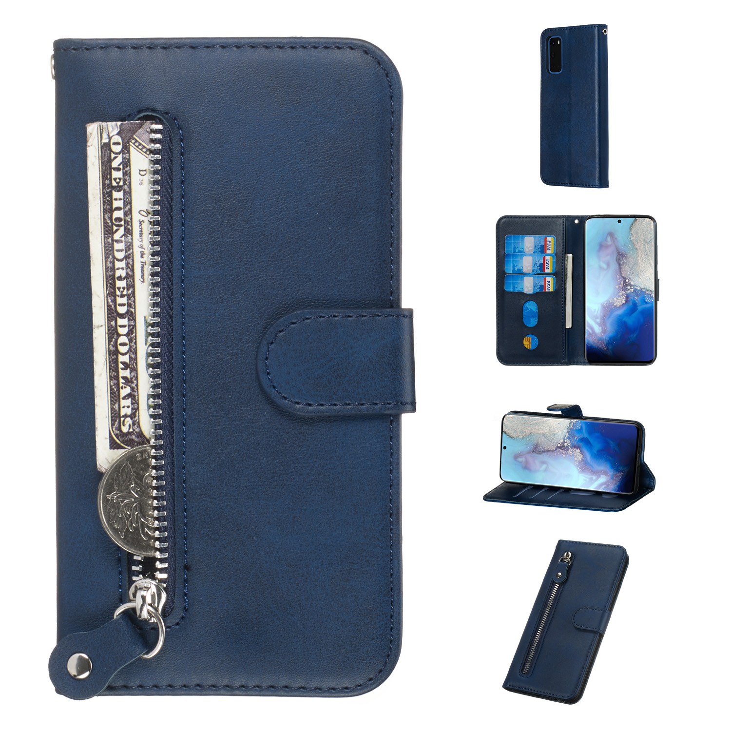 

Zipper Pocket Leather Wallet Stand Case for Samsung Galaxy S20 - Blue, Galaxy S20