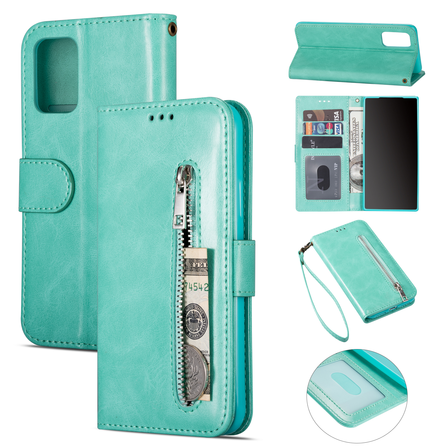 

Zipper Pocket Wallet Stand Flip Leather Phone Case with Strap for Samsung Galaxy S20 Plus - Green, Galaxy S20 Plus