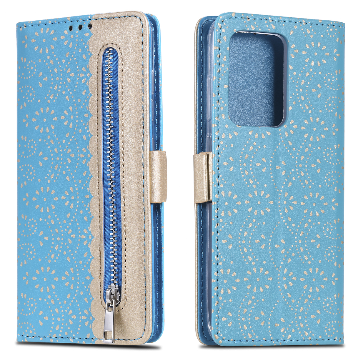 

Lace Flower Pattern Zipper Pocket Leather Wallet Phone Cover for Samsung Galaxy S20 Ultra - Blue, Galaxy S20 Ultra
