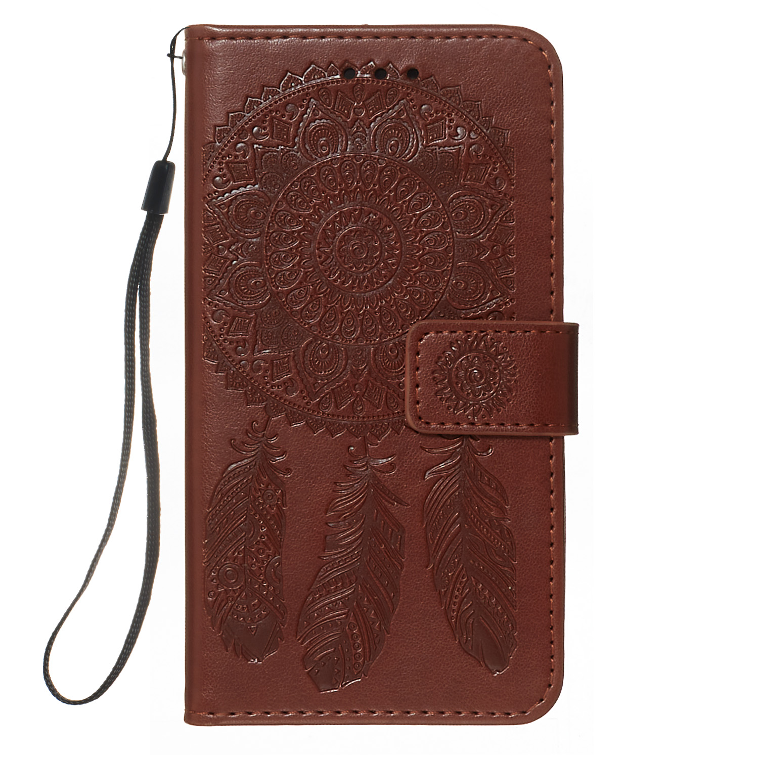 

For Samsung Galaxy A40 Imprint Dream Catcher Flower Stand Wallet Leather Casing Shell - Brown, Galaxy A40