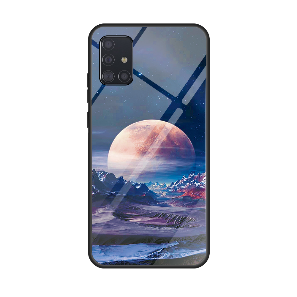 

Печать Поверхности Стекла Задней + TPU Сотовый Телефон Для Samsung Galaxy A51 - Горная Луна, Galaxy A51 4G