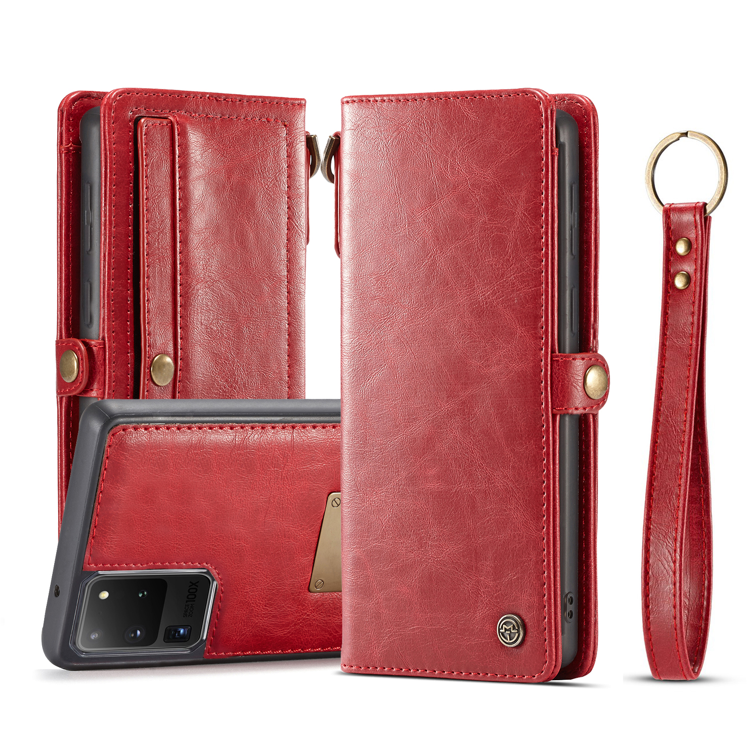 

CASEME Qin Series Split Leather Detachable 2-in-1 Phone Cover for Samsung Galaxy S20 Ultra - Red, Galaxy S20 Ultra