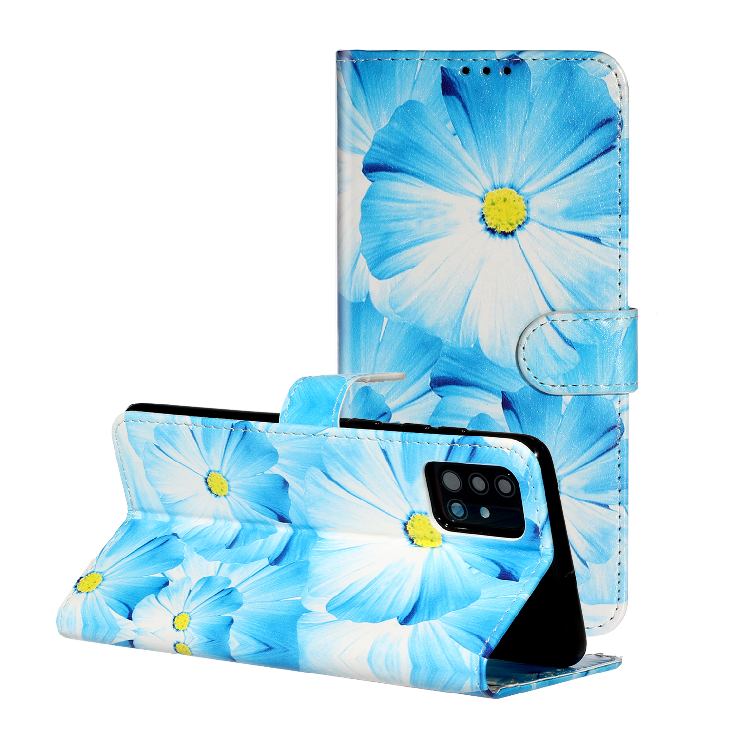 

Pattern Printing PU Leather Wallet Stand Cell Phone Shell for Samsung Galaxy A51 - Blue Flowers, Galaxy A51 4G