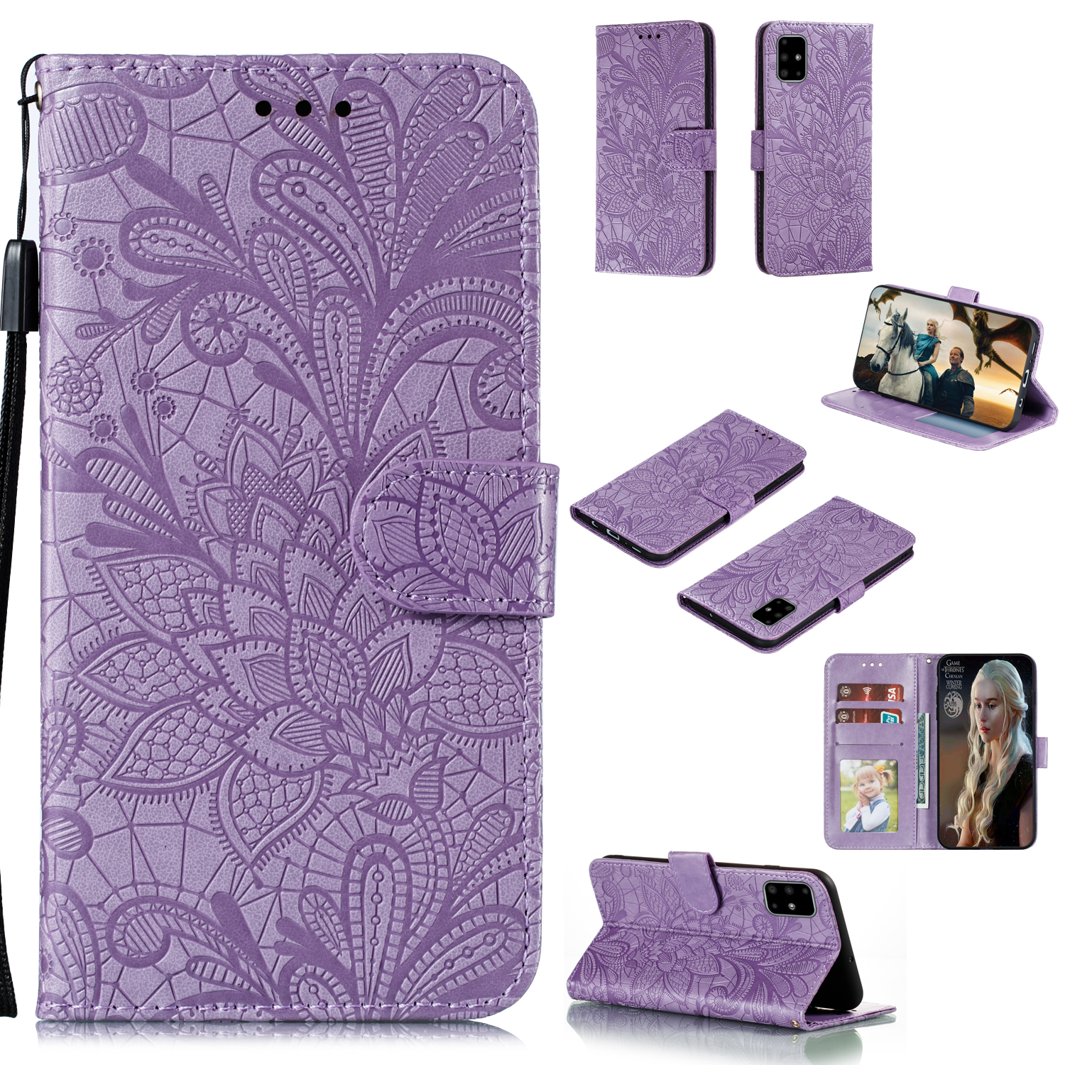 

Imprinted Lace Flower Surface Leather Wallet Cover for Samsung Galaxy A51 - Purple, Galaxy A51 4G