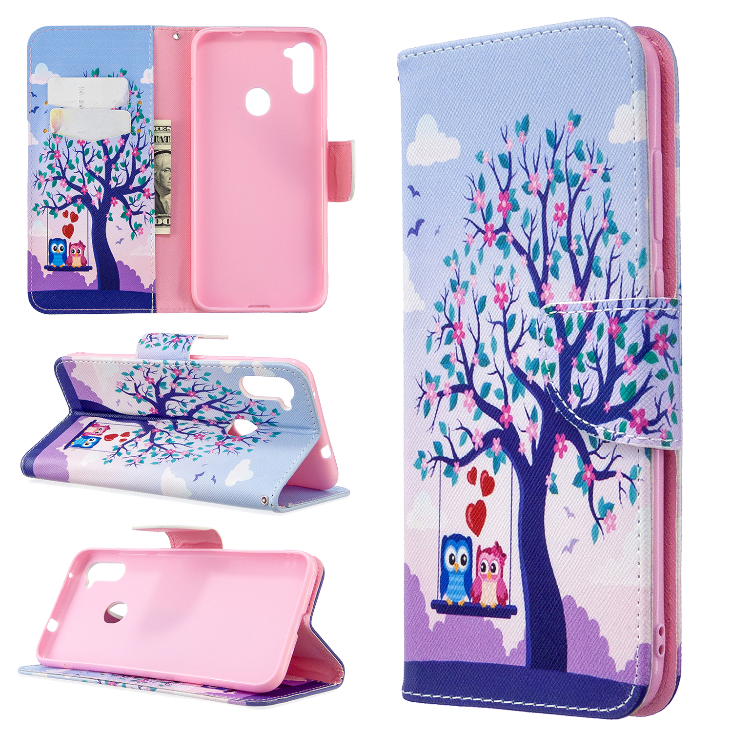 

Pattern Printing Leather Wallet Cell Phone Case for Samsung Galaxy A11 (EU Version)/M11 - Tree and Owls, Galaxy A11