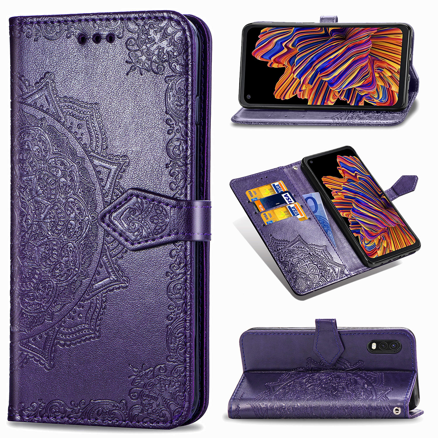 

For Samsung Galaxy Xcover Pro Embossed Mandala Flower Wallet Leather Protection Case - Purple, Galaxy Xcover Pro
