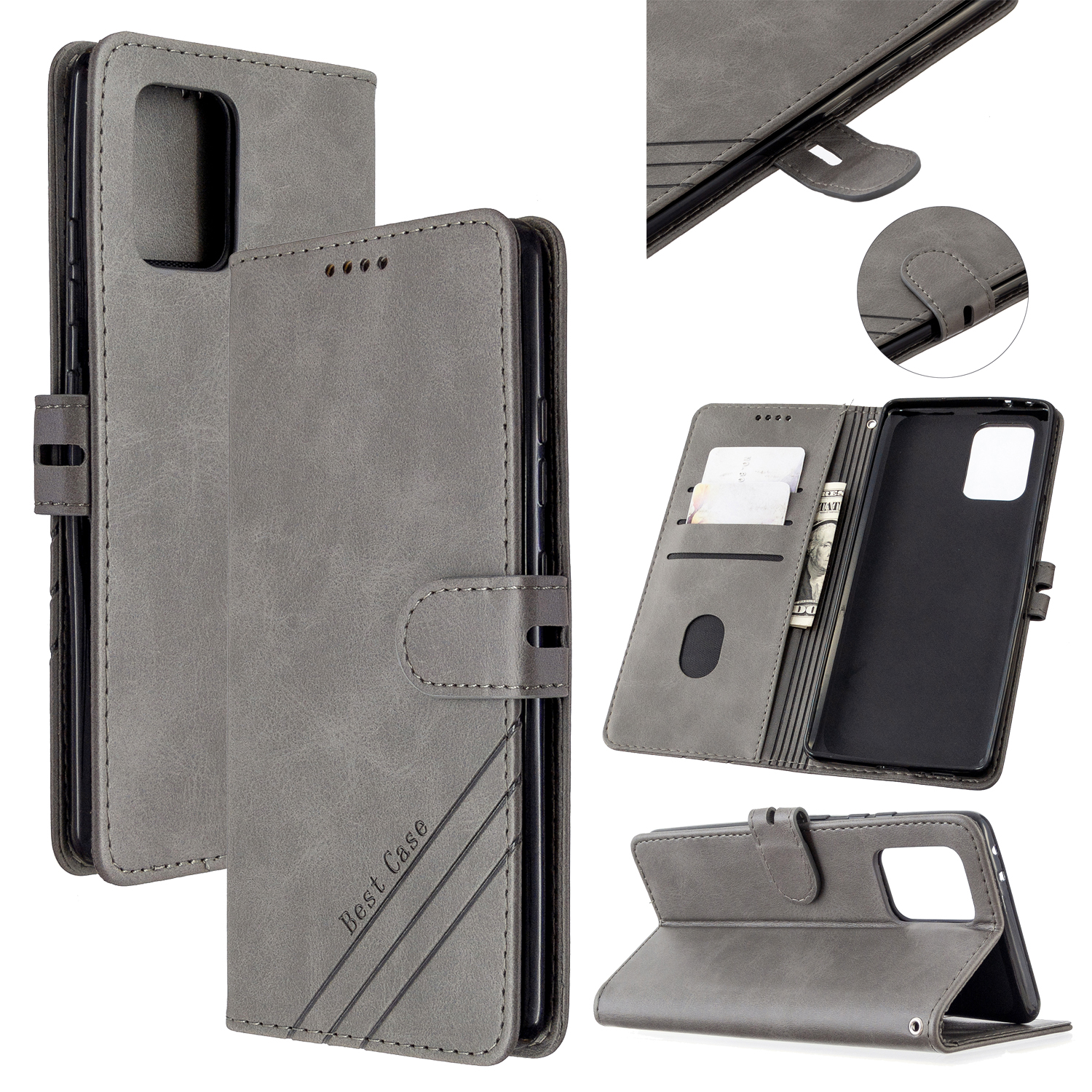 

Wallet Leather Stand Cell Phone Cover with Lanyard for Samsung Galaxy A91/S10 Lite - Grey, Galaxy A91