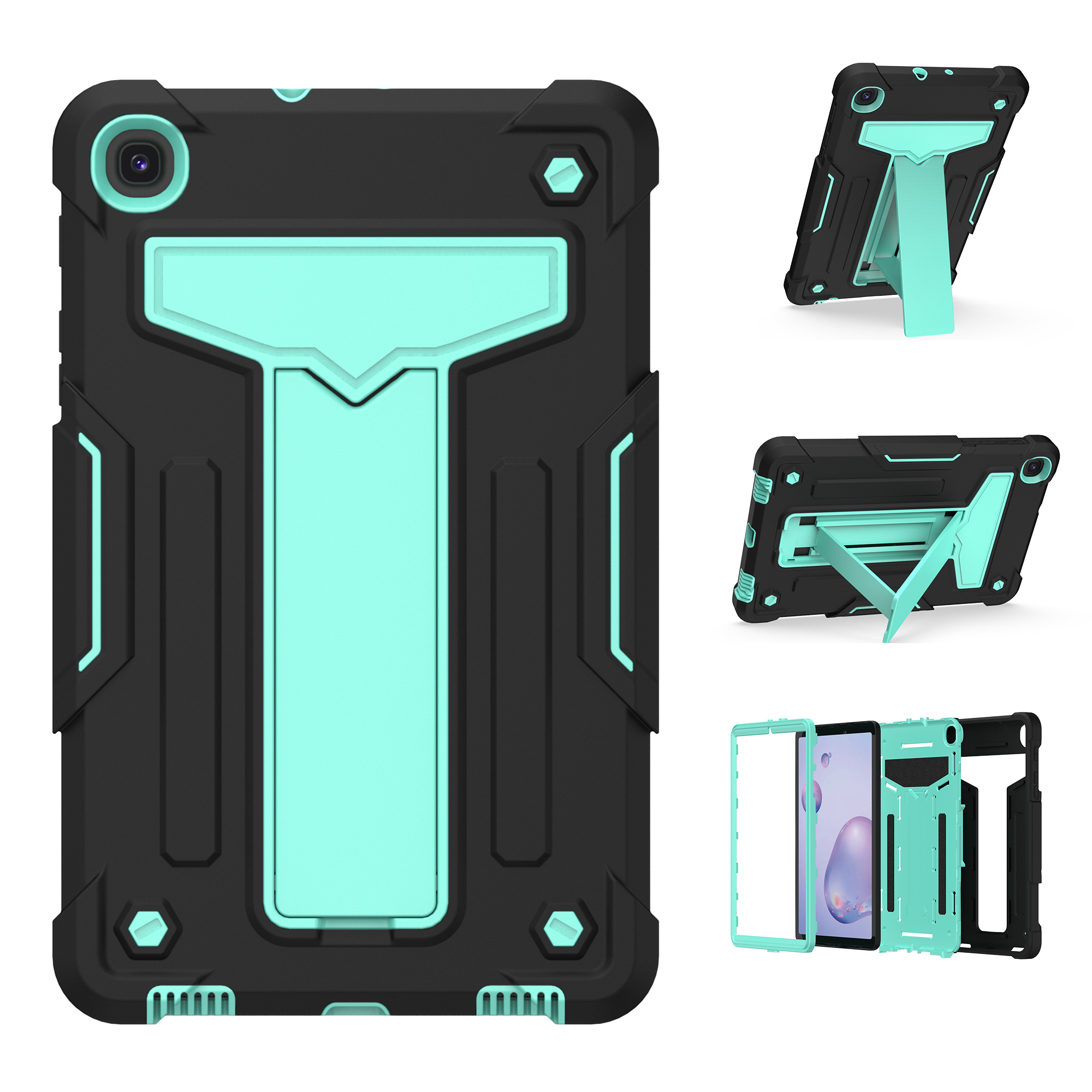 

Foldable Kickstand Contrast Color PC Silicone Tablet Case Cover for Samsung Galaxy Tab A 8.4 (2020) - Black/Cyan, Galaxy Tab A 8.4 (2020)
