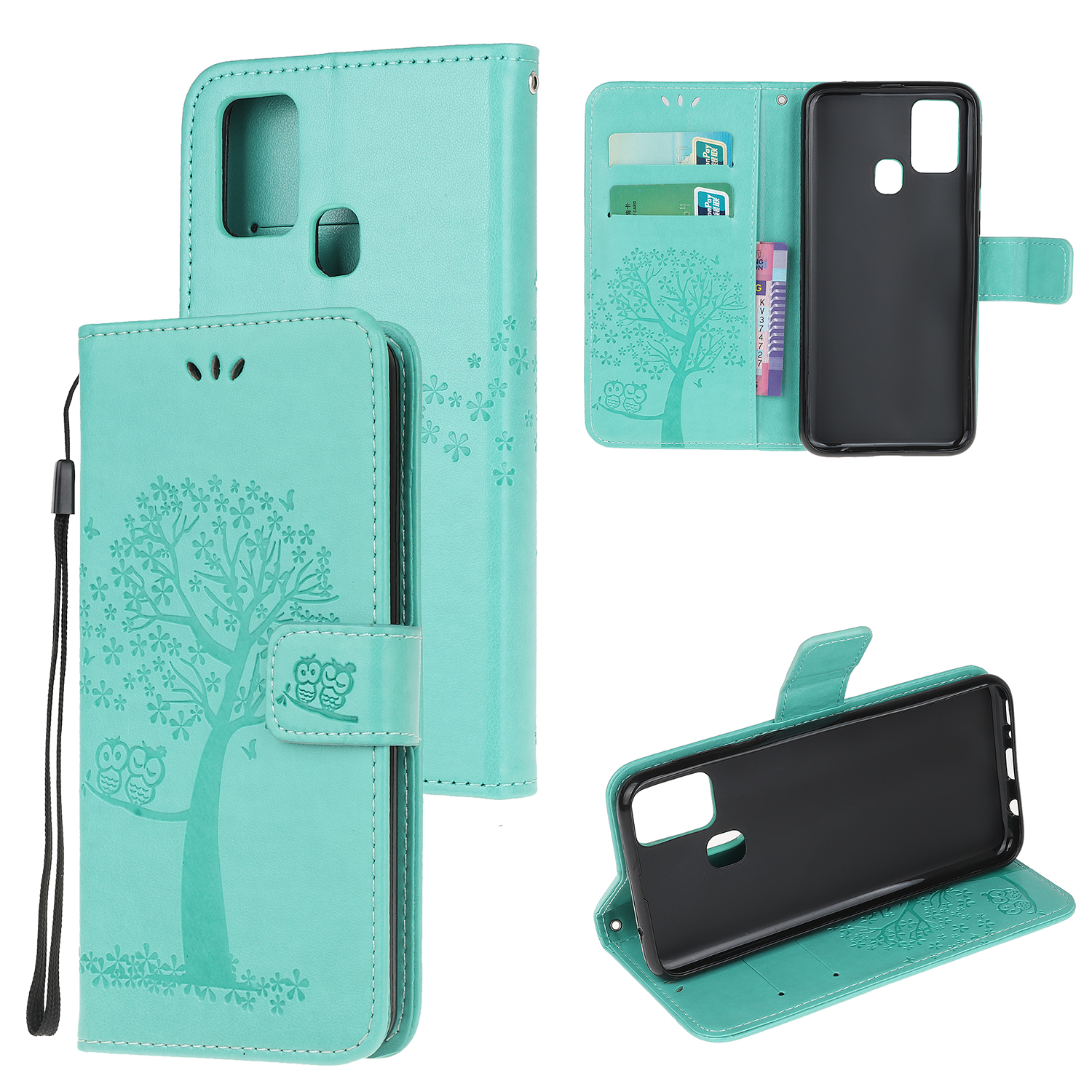 

Imprint Tree Owl Leather Stylish Wallet Stand Case for Samsung Galaxy A21s - Cyan, Galaxy A21s