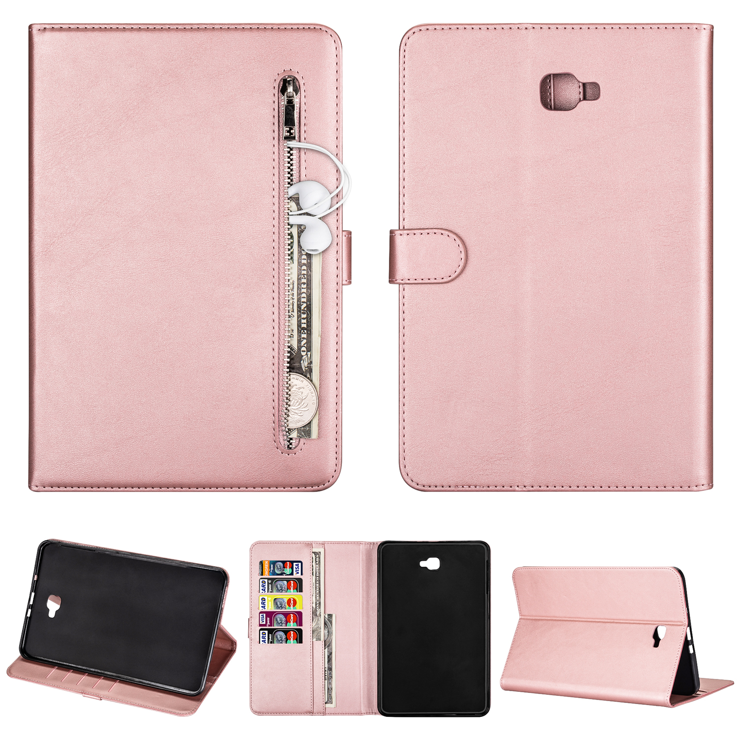 

Zipper Pocket Wallet Stand Leather Tablet Protective Case Cover for Samsung Galaxy Tab A 10.1 (2016) T580 - Rose Gold, Galaxy Tab A 10.1 (2016)