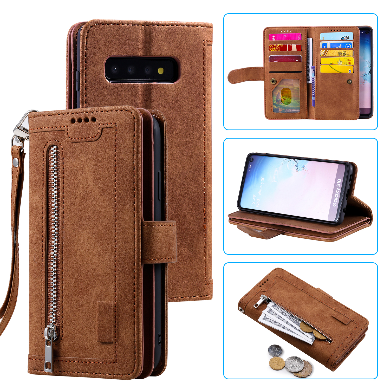 

9 Card Slots Wallet Leather Case with Zipper Pocket for Samsung Galaxy S10 - Brown, Galaxy S10