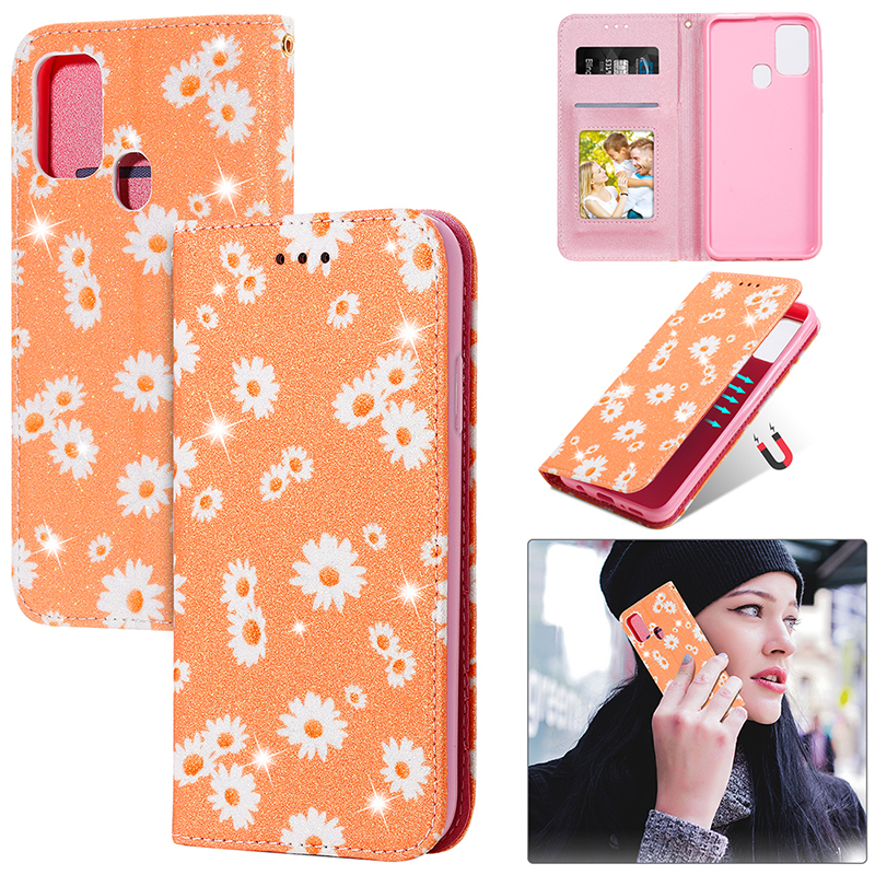 

Daisy Pattern Flash Powder Card Holder Leather Phone Cover for Samsung Galaxy M31 - Orange, Galaxy M31