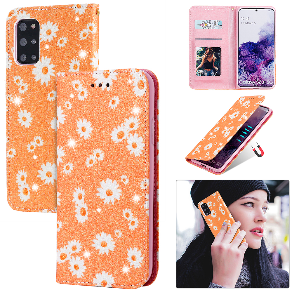 

Daisy Pattern Flash Powder Style PU Leather Shell for Samsung Galaxy S20 Plus - Orange, Galaxy S20 Plus 4G