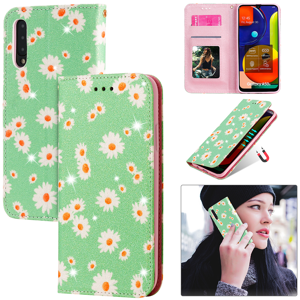 

Daisy Pattern Flash Powder Card Holder Flip Leather Case for Samsung Galaxy A50/A50s/A30s - Green, Galaxy A50