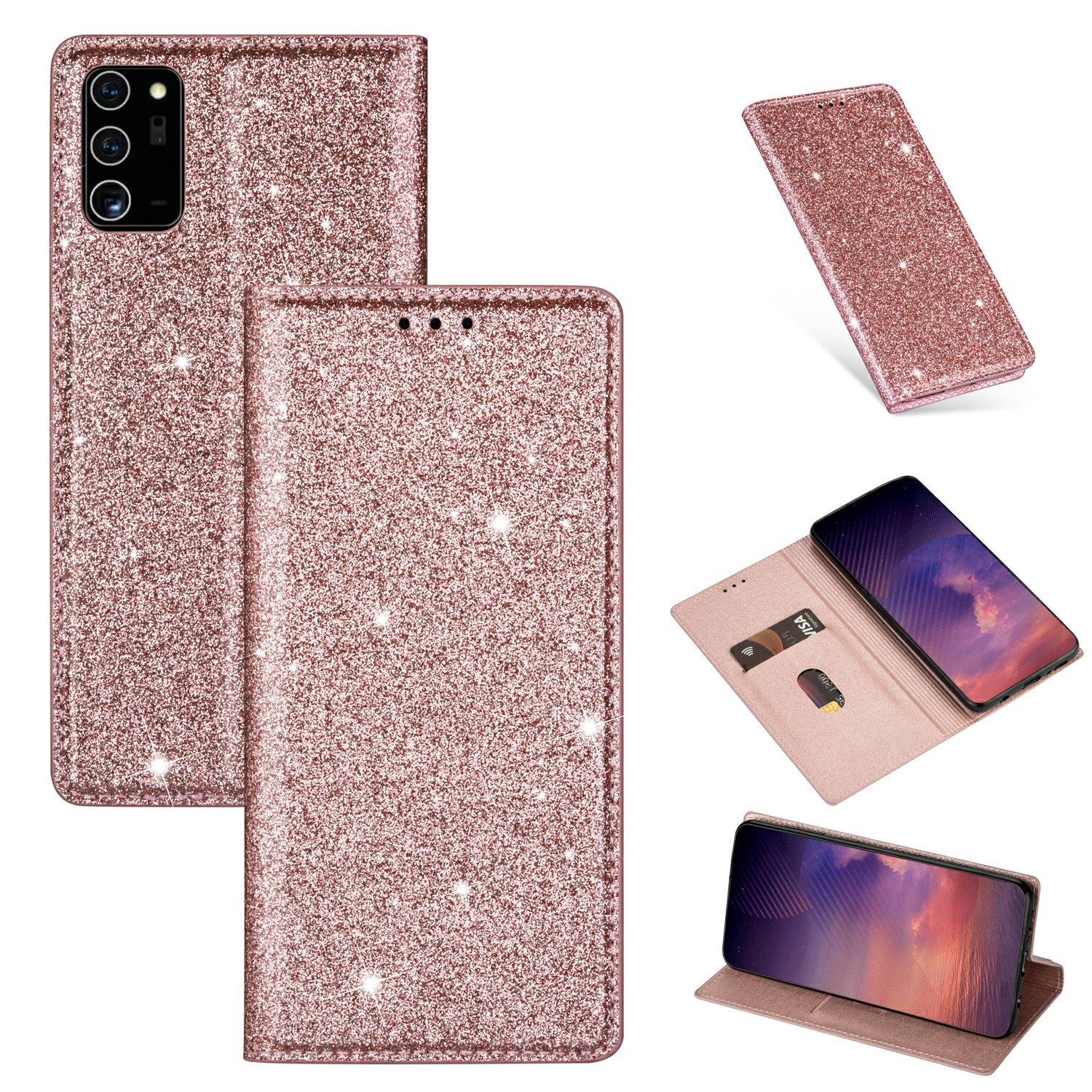 

Флэш-порошковый Кожаный Футляр Для Карт С Слотом Для Карты Для Samsung Galaxy Note 20 / ПРИМЕЧАНИЕ 20 5G - Розовое Золото, Galaxy Note 20
