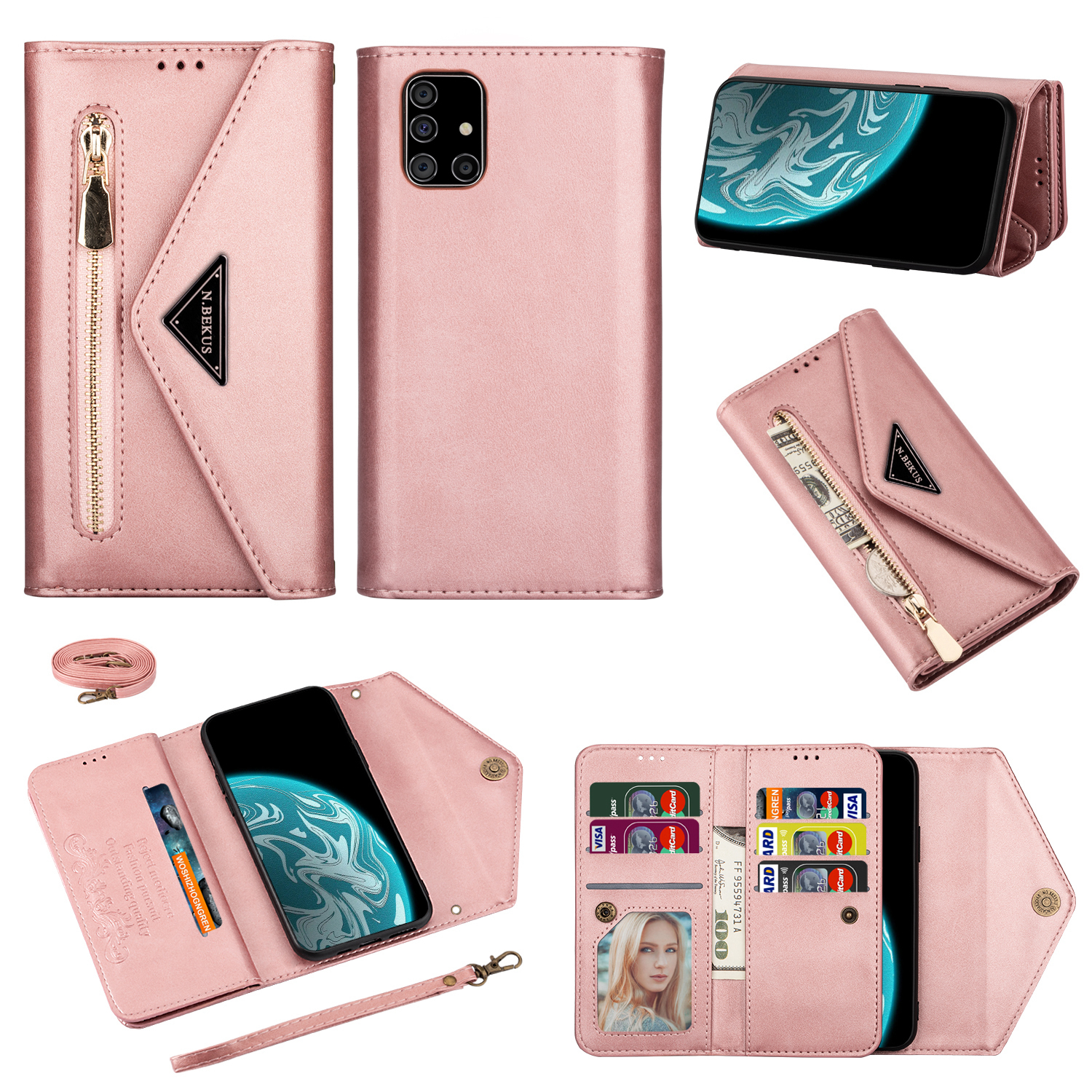 

Leather Wallet Phone Case Cover with Zipper Strap for Samsung Galaxy A51 SM-A515 - Rose Gold, Galaxy A51 4G
