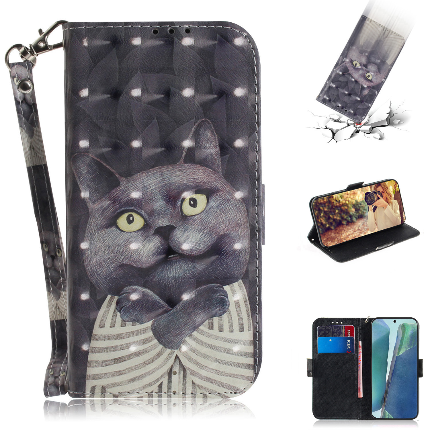 

Печать Pattern Printing Light Spot Decor Кожаный Телефон Для Samsung Galaxy Note20 4G/5G - Серый Кот, Galaxy Note20