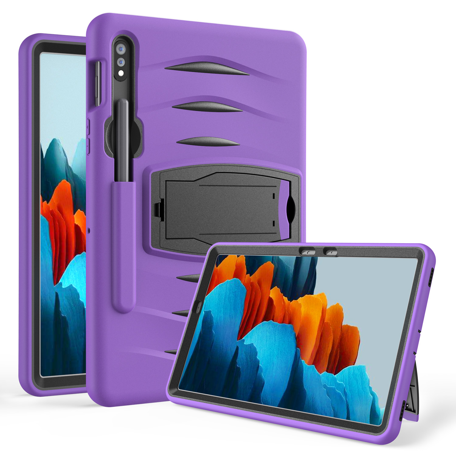 

For Samsung Galaxy Tab S7 T870/T875 Shockproof PC + Silicone Tablet Combo Case with Kickstand and Pen Slot - Purple, Galaxy Tab S7