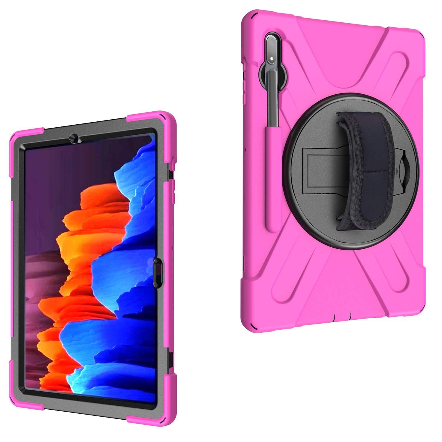 

For Samsung Galaxy Tab S7 Plus 360° Swivel Kickstand PC + Silicone Tablet Combo Case [Built-in Hand Holder Strap] - Rose, Galaxy Tab S7 Plus