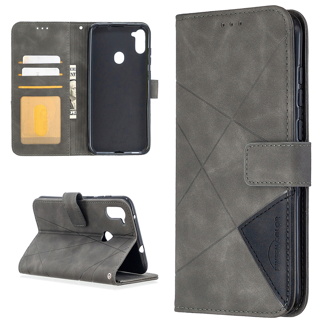 

BF05 Geometric Texture Leather Wallet Stand Case Protector for Samsung Galaxy A11 (EU Version)/M11 - Grey, Galaxy A11