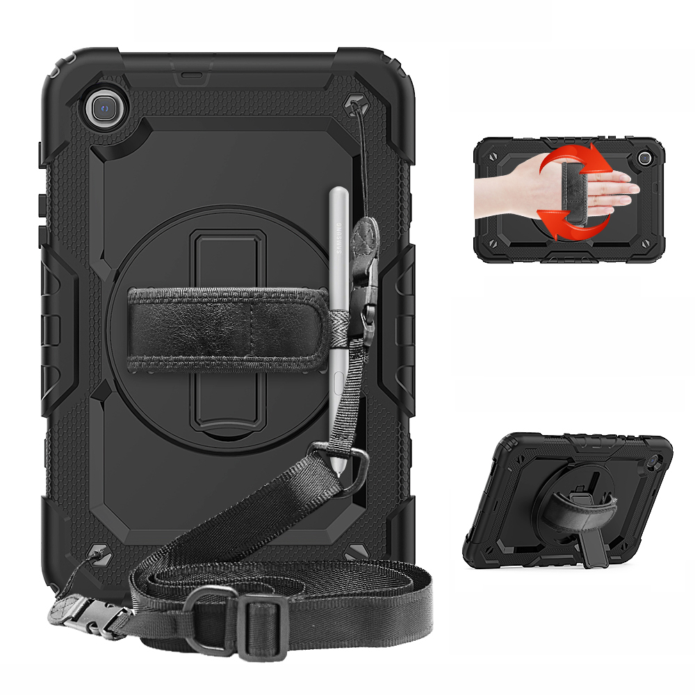 

For Samsung Galaxy Tab A 8.4 (2020) T307 [Built-in Handy Strap] 360° Swivel Kickstand PC + Silicone Tablet Combo Shell with Shoulder Strap - All Black, Galaxy Tab A 8.4 (2020)