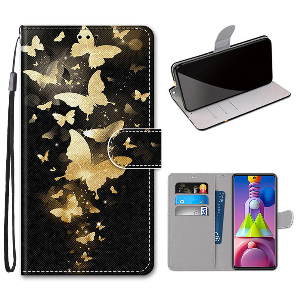 

Pattern Printing Cross Texture Leather Wallet Phone Cover with Strap for Samsung Galaxy M51 - Gold Butterfly, Galaxy M51