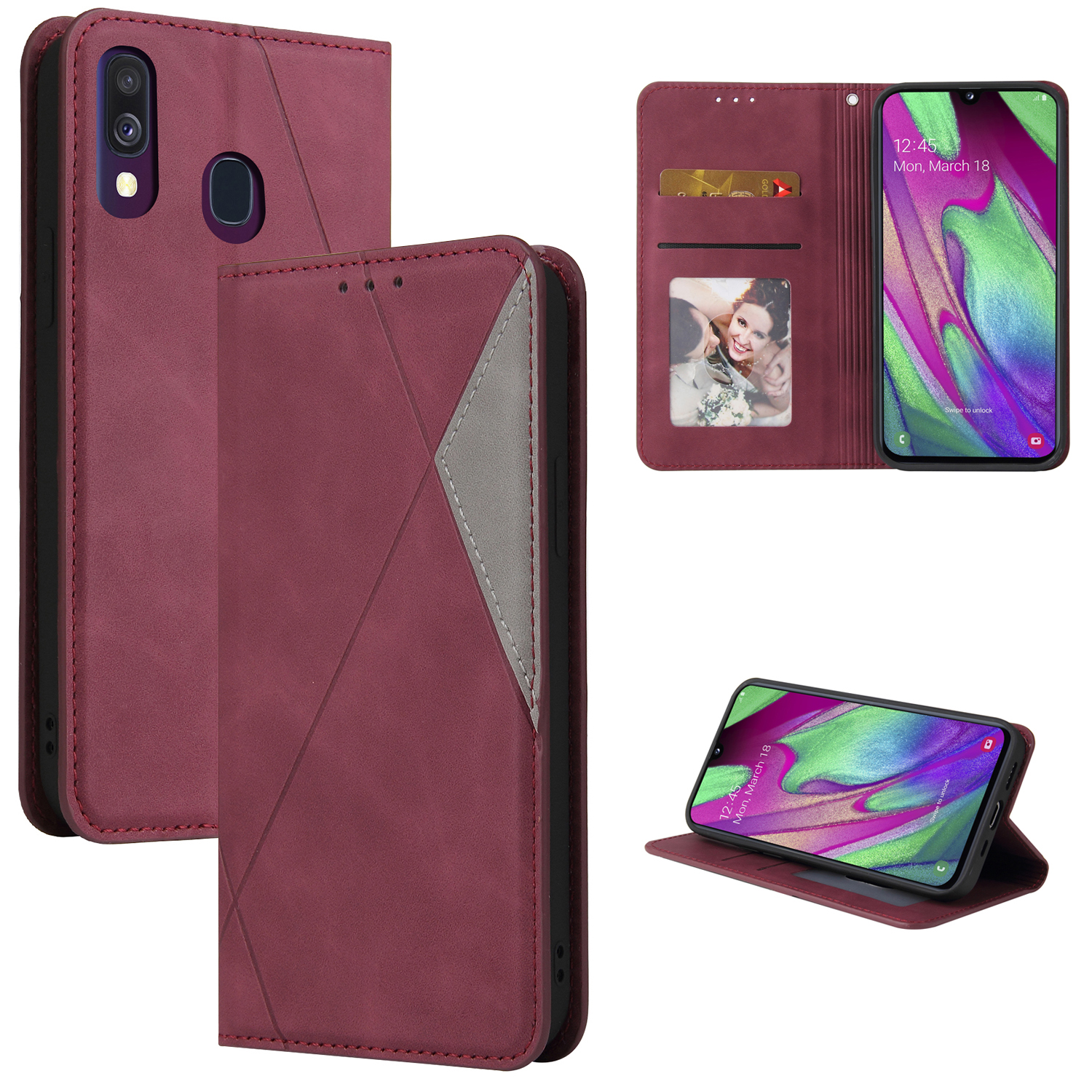 

Geometric Splicing Card Slots Stand Leather Phone Cover for Samsung Galaxy A20e - Wine Red, Galaxy A20e