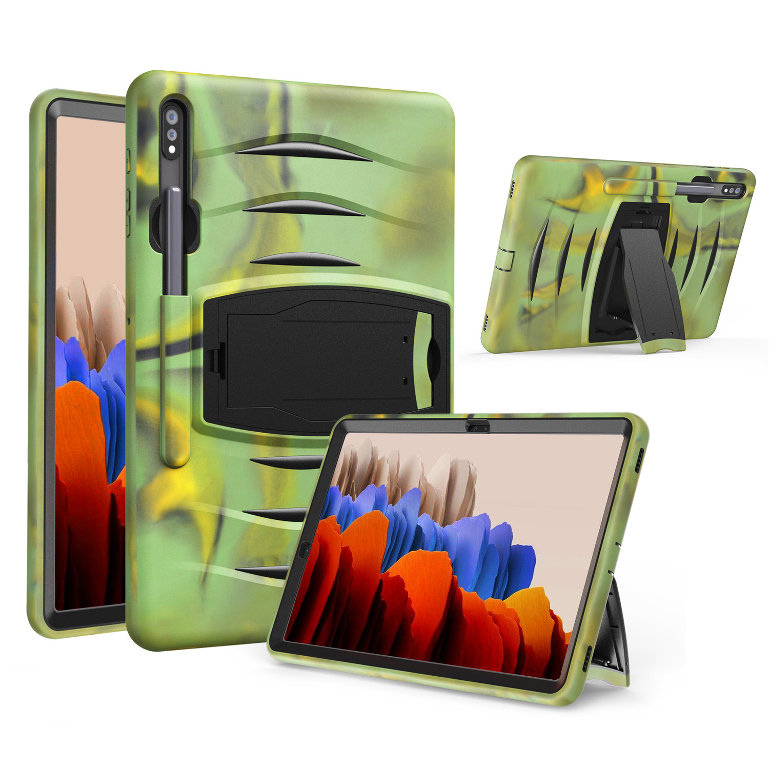 

Shockproof PC + Silicone Tablet Cover with Kickstand Pen Slot for Samsung Galaxy Tab S7 Plus - Camouflage, Galaxy Tab S7 Plus