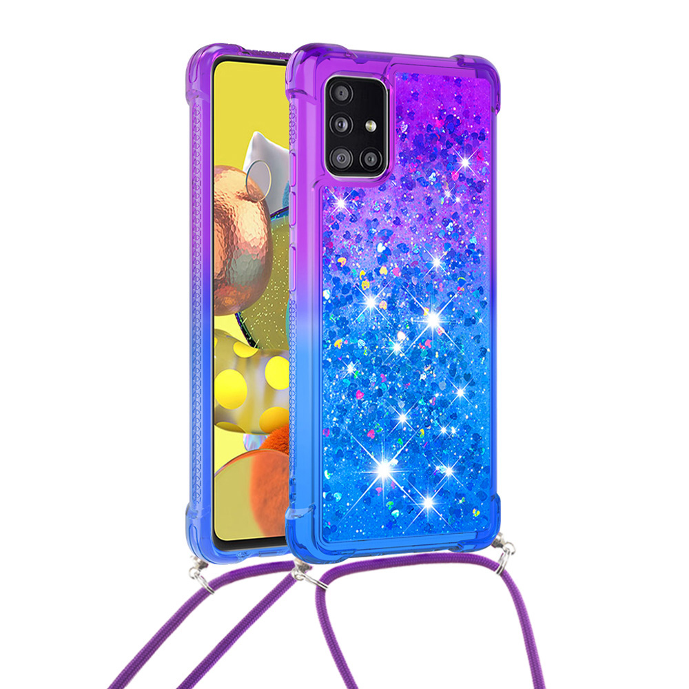 

Shockproof Gradient Glitter Powder Quicksand TPU Phone Case with Strap for Samsung Galaxy A51 5G SM-A516 - Purple/Blue, Galaxy A51 5G