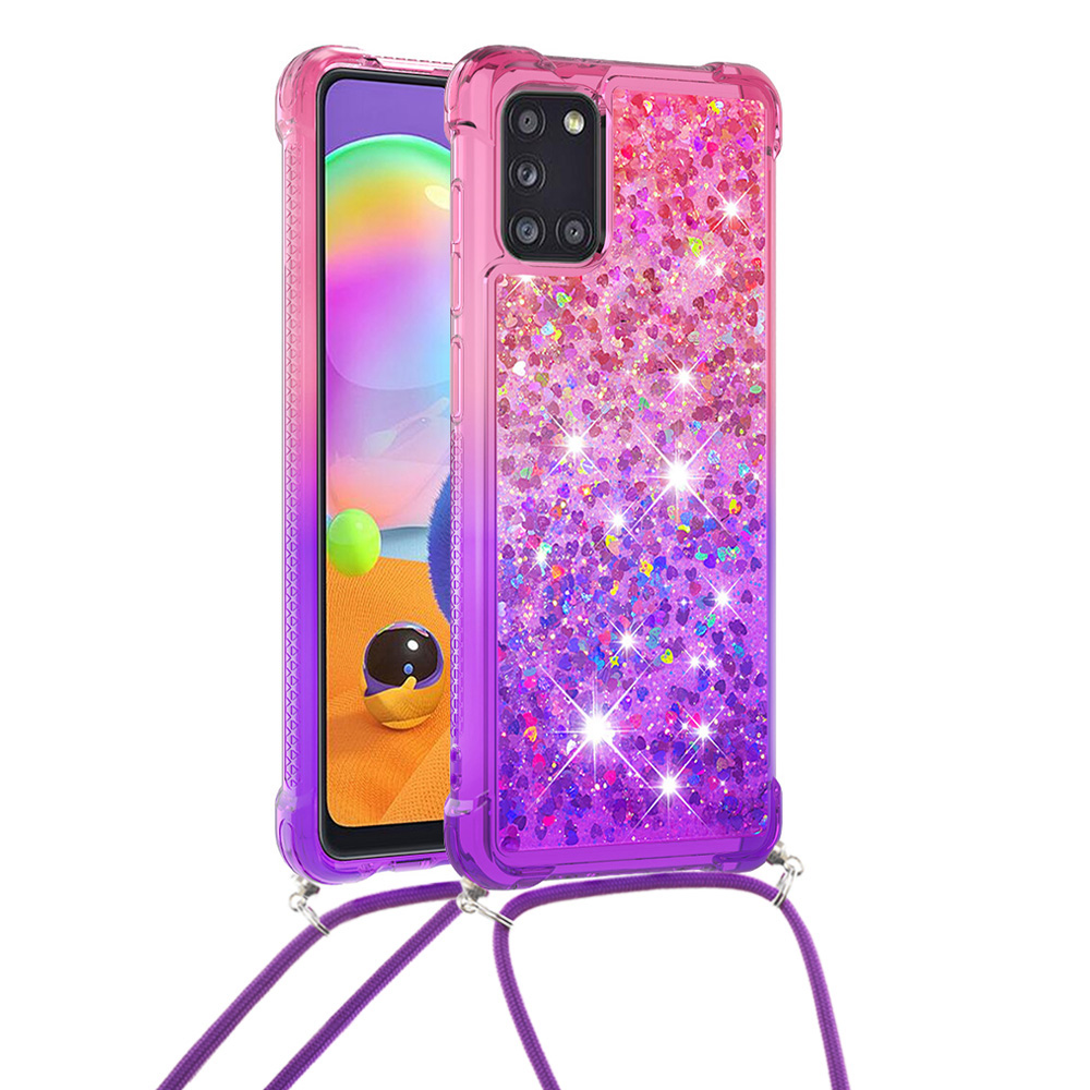 

Shockproof Gradient Quicksand TPU Cover for Samsung Galaxy A31 Case with Lanyard - Pink/Purple, Galaxy A31
