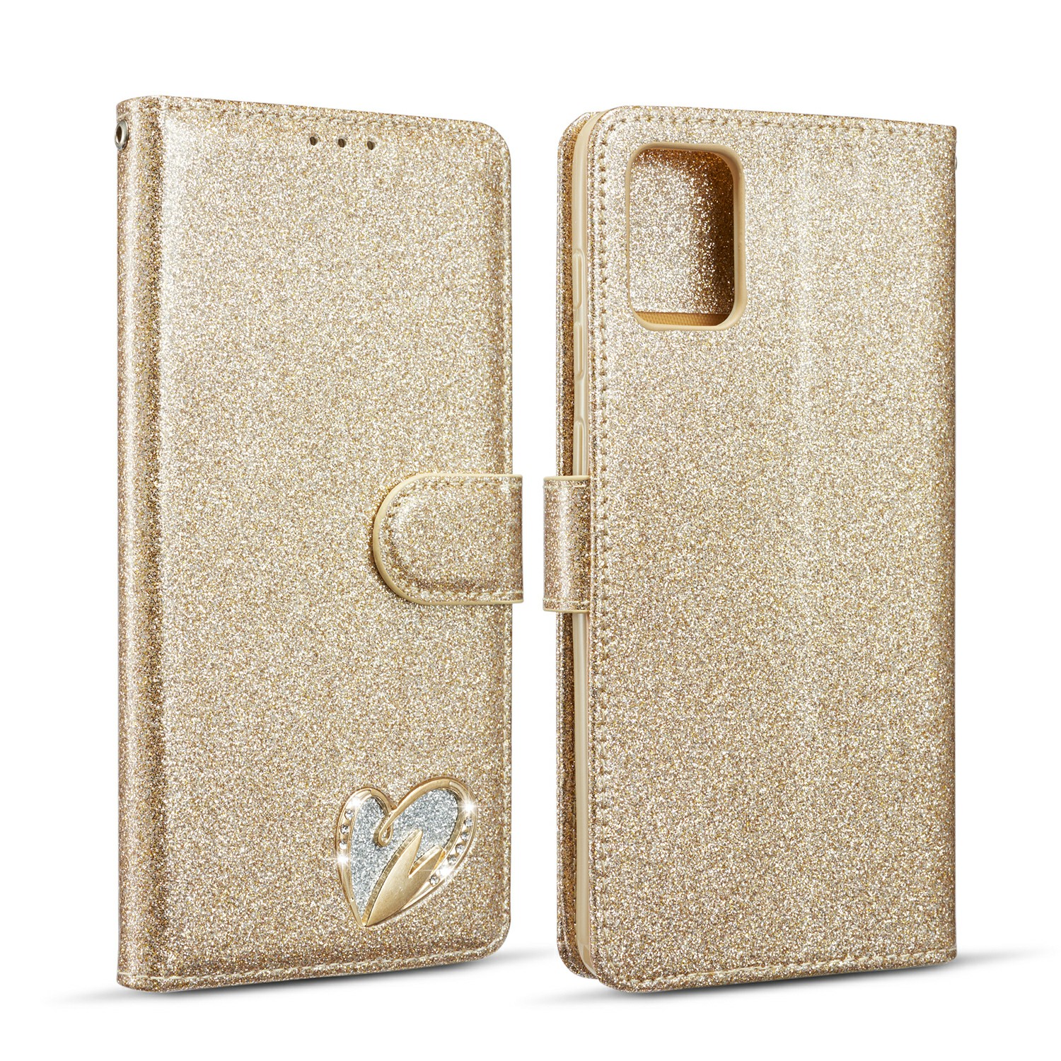 

Gleaming Diamond Leather with Metal Heart Shape Decor Phone Cover Shell for Samsung Galaxy A71 SM-A715 - Gold, Galaxy A71 4G