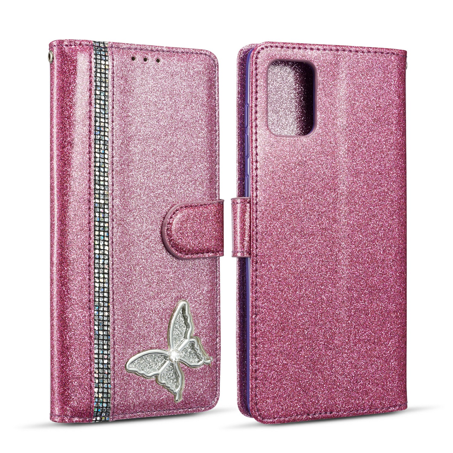 

Glitter Powder Leather Phone Case with Crystal Band and Metal Butterfly Decor for Samsung Galaxy A51 SM-A515 - Pink, Galaxy A51 4G