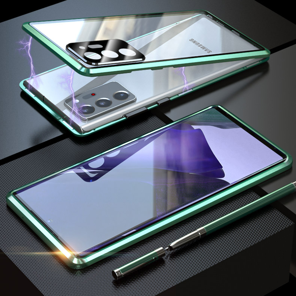 

For Samsung Galaxy Note20 Ultra/Note20 Ultra 5G Magnetic Installation Metal Frame + Single Tempered Glass Protective Back Case with Lens Cover - Green, Galaxy Note20 Ultra