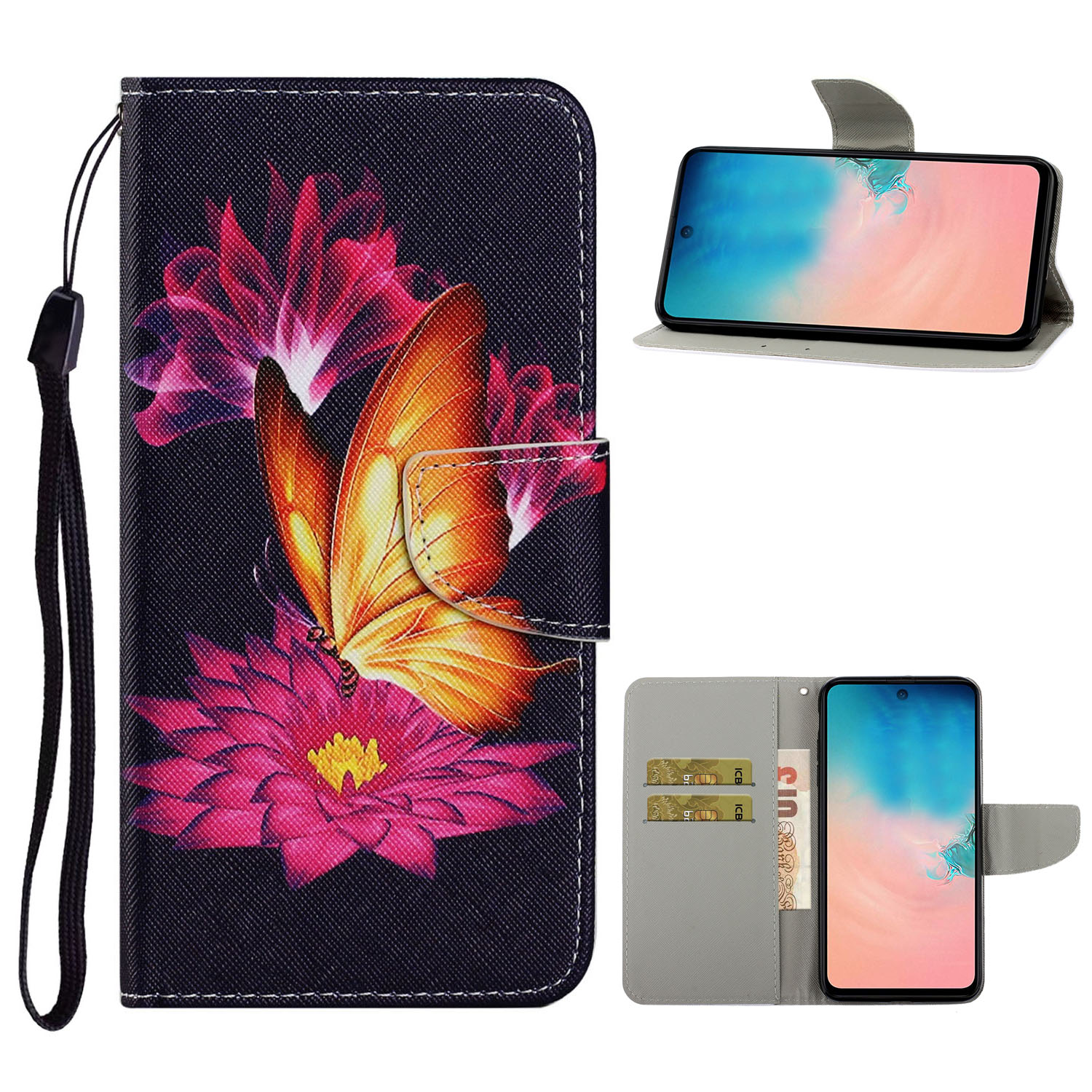 

Pattern Printing Leather Wallet Stylish Stand Case with Handy Strap for Samsung Galaxy A71 SM-A715 - Lotus and Butterfly, Galaxy A71 4G