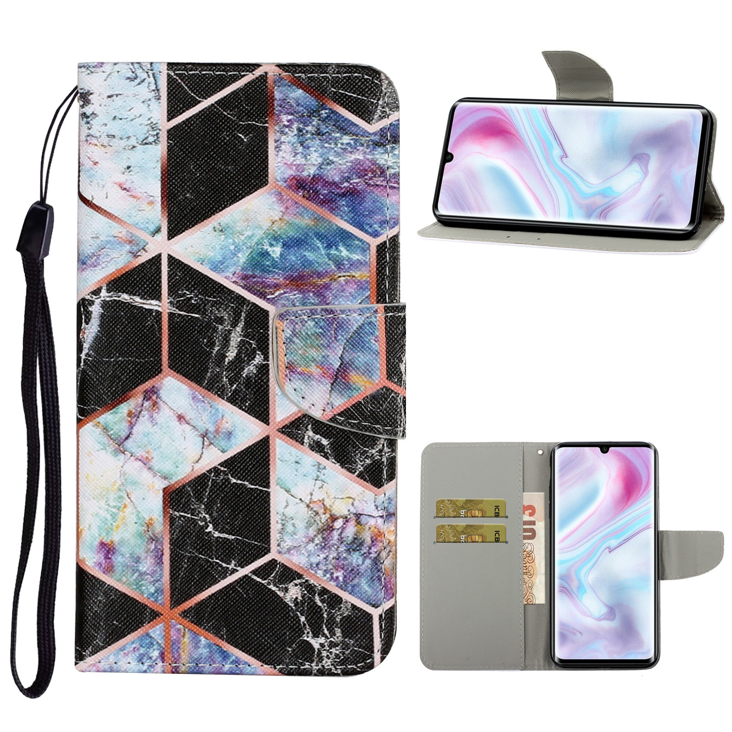 

Pattern Printing Leather Wallet Stylish Stand Case with Handy Strap for Samsung Galaxy A31 - Black Geometry, Galaxy A31