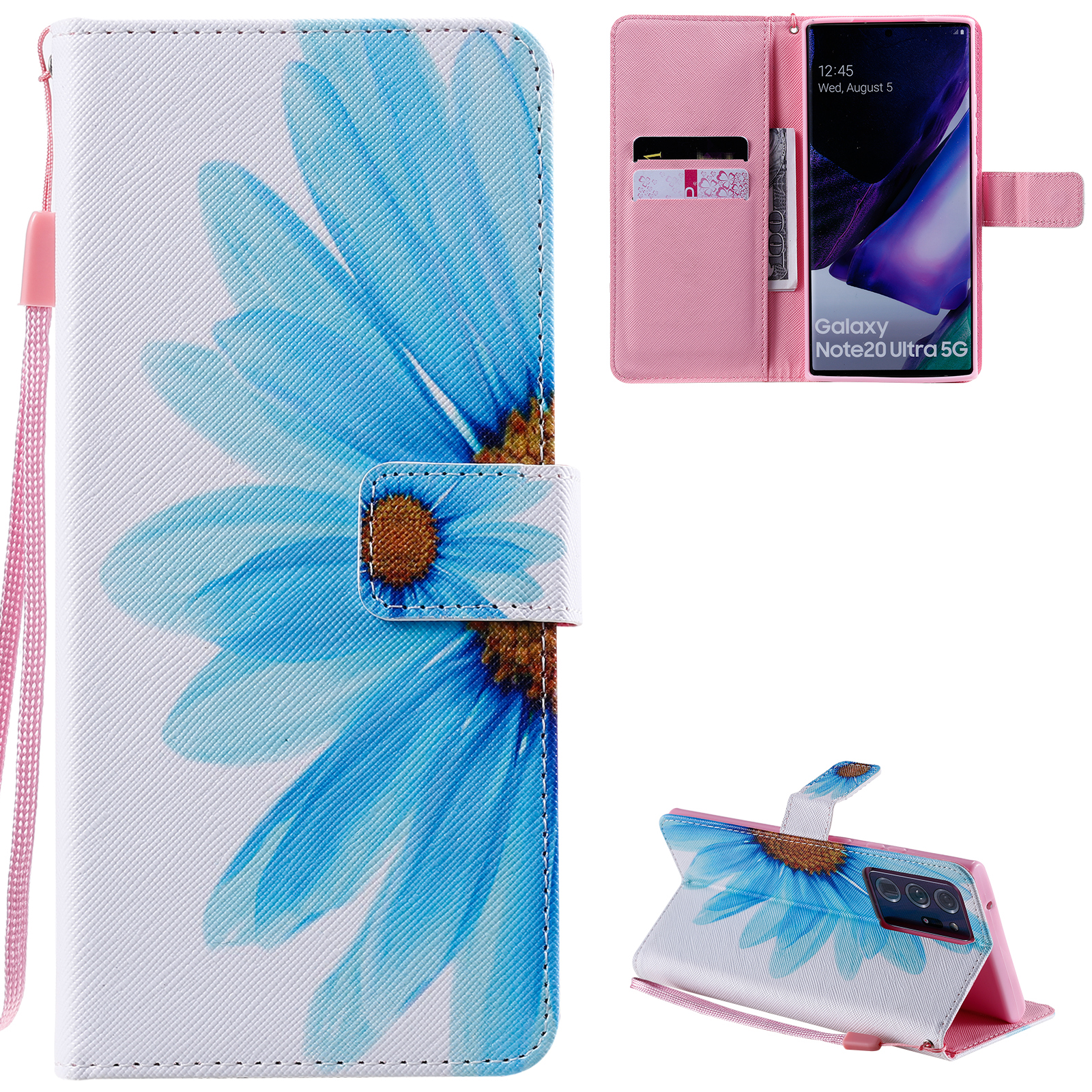 

Узорная Печать Кожаный Чехол Со Бумажным Стендом Для Samsung Galaxy Note20 Ultra / Note20 Ультра 5г - Синий Цветок, Galaxy Note20 Ultra
