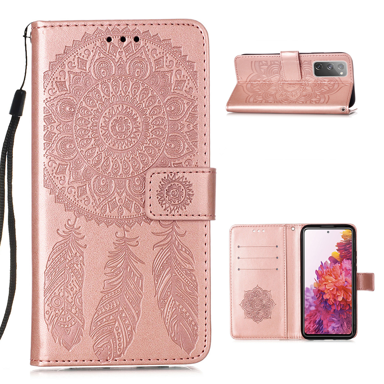 

Dreamcatcher Impriting Кожаный Кошелек Сотовый Телефон Крышка Оболочки Для Samsung Galaxy S20 FE / S20 Вентилятор / S20 FE 5G / S20 Вентиляционная Версия 5G / S20 Lite - Розовое Золото, Galaxy S20 FE