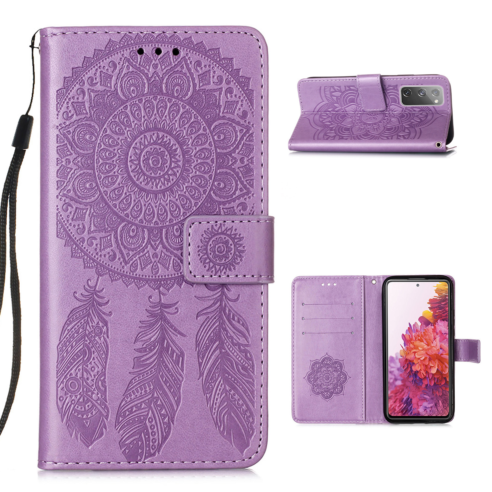 

Dreamcatcher Impriting Кожаный Кошелек Сотовый Телефон Крышка Оболочки Для Samsung Galaxy S20 FE / S20 Вентилятор / S20 FE 5G / S20 Вентиляционная Версия 5G / S20 Lite - Светло-фиолетовый, Galaxy S20 FE