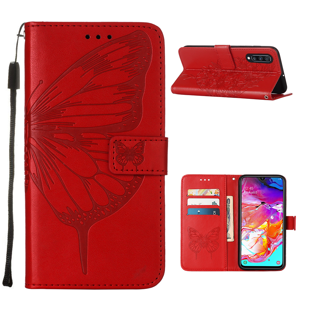 

Leather Wallet Cell Phone Cover Shell with Butterfly and Flowers Imprinting for Samsung Galaxy A70/A70s - Red, Galaxy A70