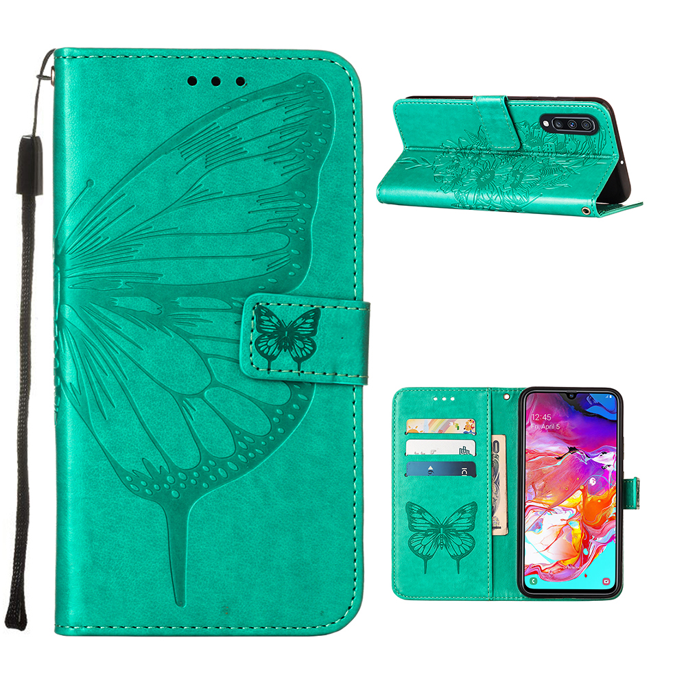 

Leather Wallet Cell Phone Cover Shell with Butterfly and Flowers Imprinting for Samsung Galaxy A70/A70s - Green, Galaxy A70