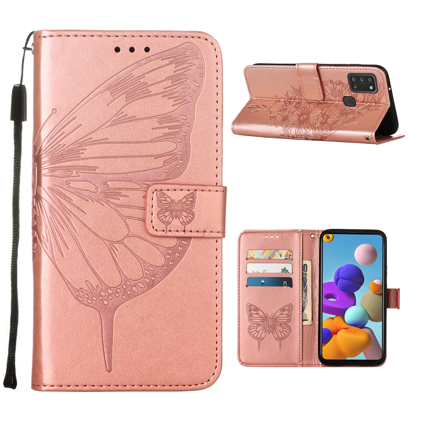 

Butterfly Pattern Imprinting Leather Wallet Phone Cover Shell for Samsung Galaxy A21s - Rose Gold, Galaxy A21s