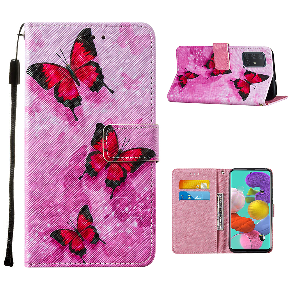 

Leather Wallet Phone Cover Shell with Stylish Pattern Printing for Samsung Galaxy A51 SM-A515 - Red Butterfly, Galaxy A51 4G
