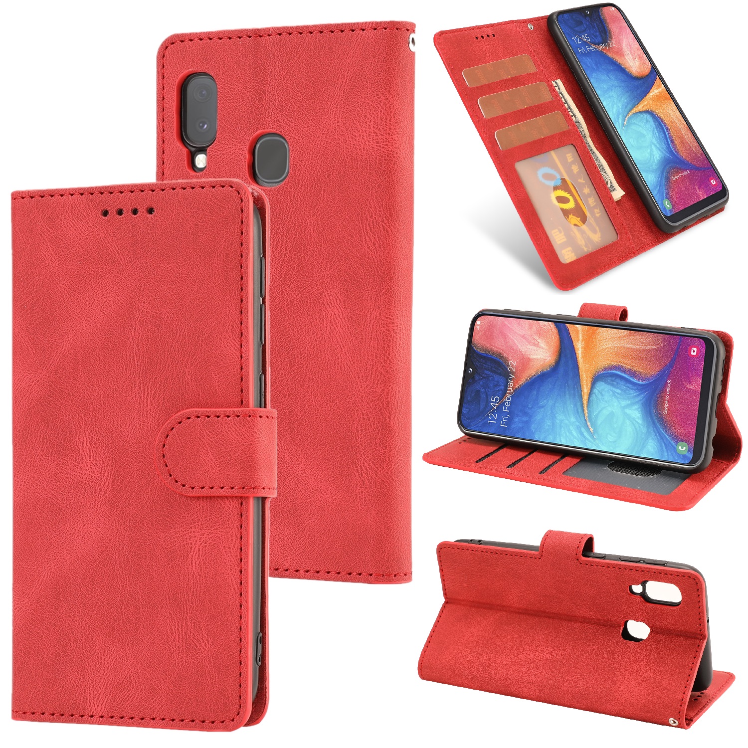

Matte Classic Style PU Leather Wallet Stand Phone Cover Shell for Samsung Galaxy A20e - Red, Galaxy A20e