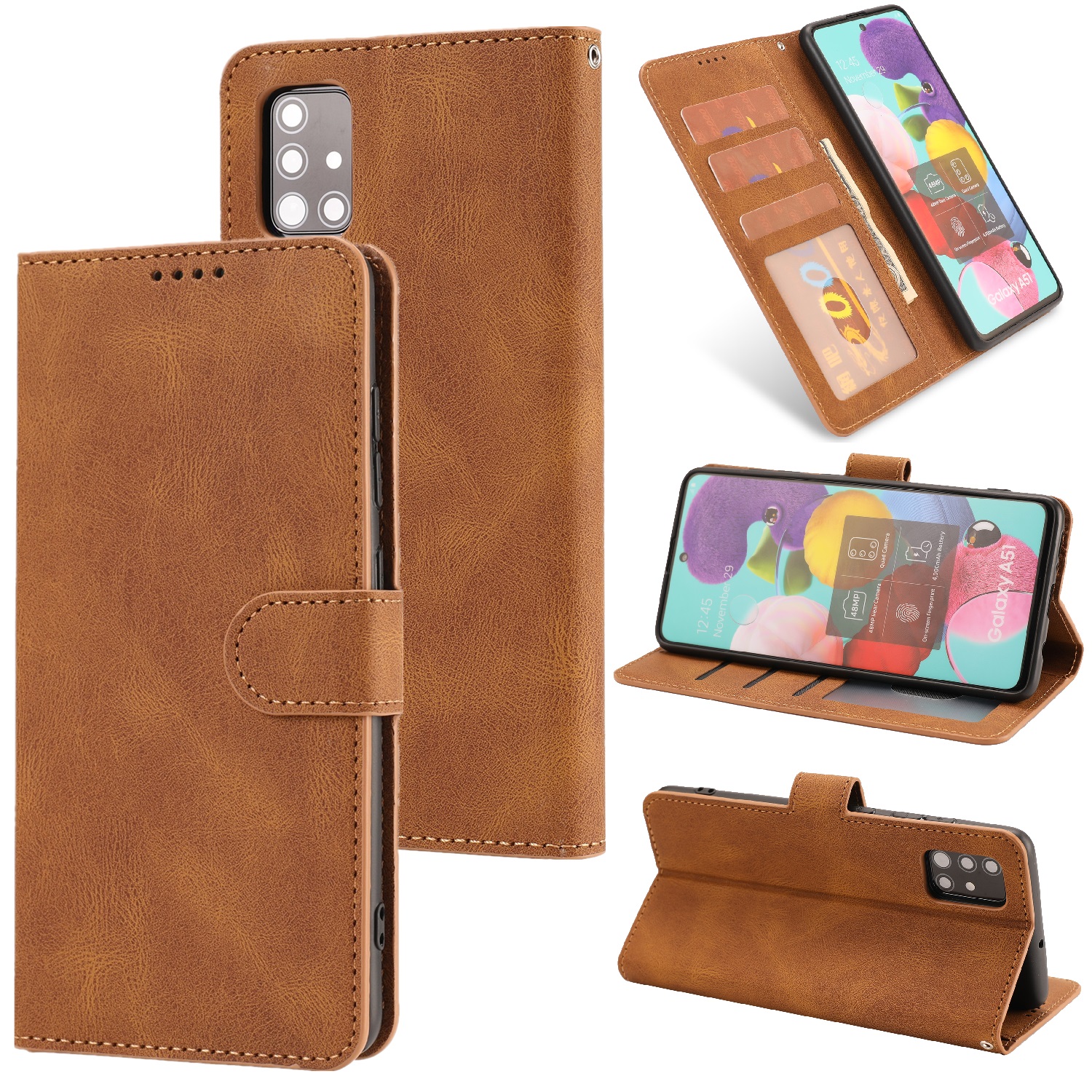 

TPU + PU Leather Wallet Stand Phone Cover Shell for Samsung Galaxy A51 SM-A515/M40s - Light Brown, Galaxy A51 4G