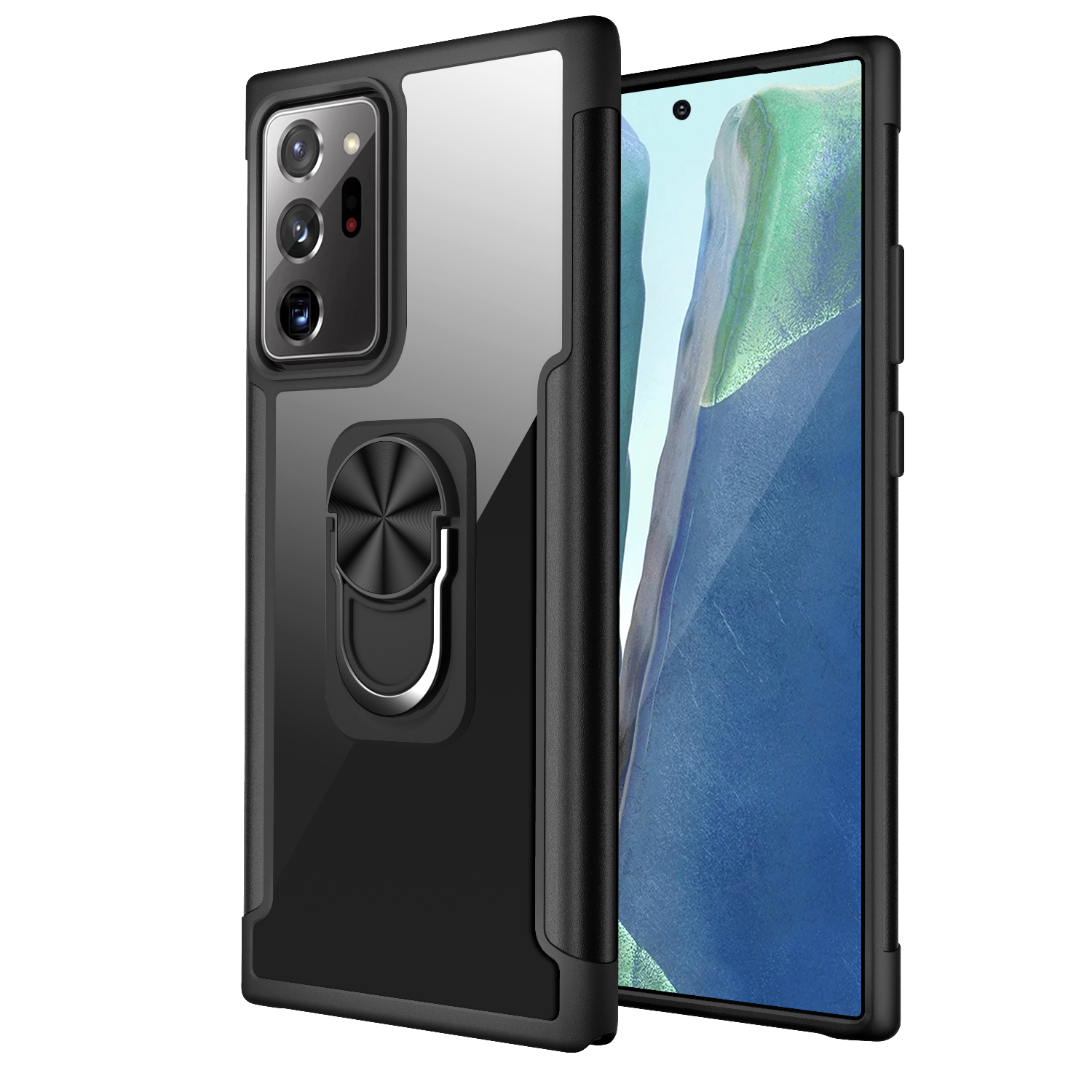 

R-JUST Finger Ring Kickstand Drop-proof TPU + Clear PC Protective Phone Cover for Samsung Galaxy Note20 Ultra 5G / Galaxy Note20 Ultra - Black, Galaxy Note20 Ultra 5G