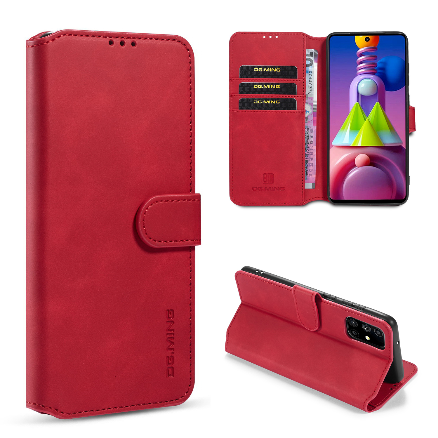 

DG.MING Retro Leather Stand Case Wallet Protector Shell for Samsung Galaxy M51 International Edition - Red, Galaxy M51