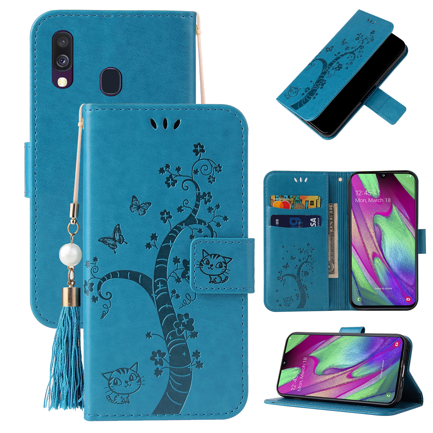 

Imprint Lucky Tree Leather Wallet Case Cover for Samsung Galaxy A20e - Blue, Galaxy A20e