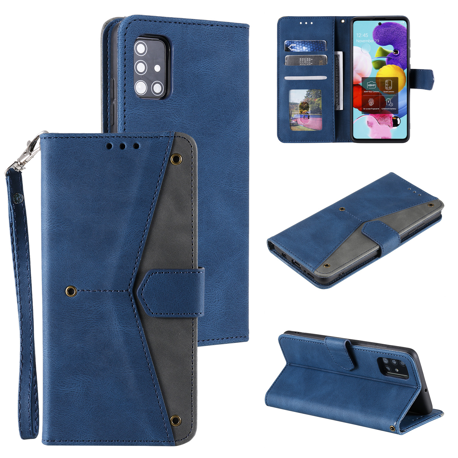 

Skin-Feeling Splicing Leather Phone Protective Cover with Rivet Decor for Samsung Galaxy A41 (Global Version) - Blue, Galaxy A41 (Global Version)